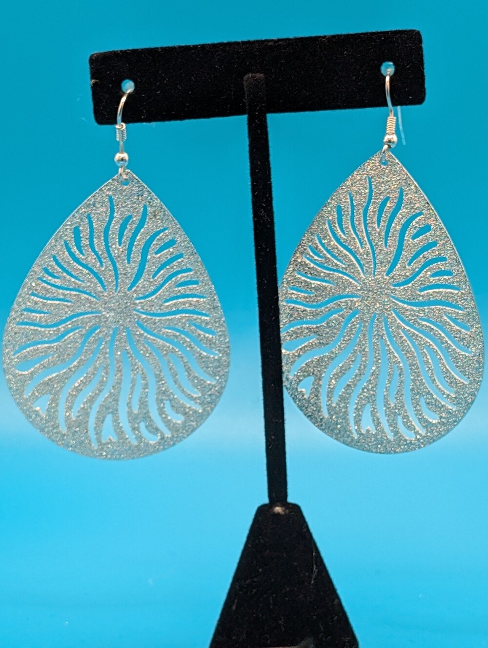 Silver Glitter Teardrop Cutout Earrings - Women Jewelry